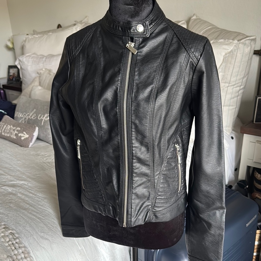 Black Leather Motorcycle Jacket with Stand-Up Collar